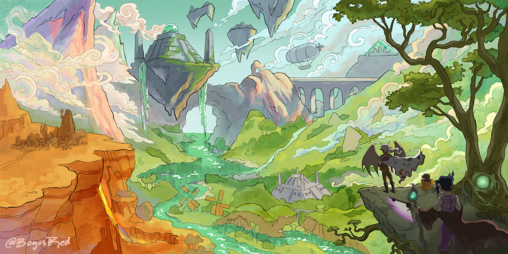 A fantasy landscape with three characters looking off into the vista.